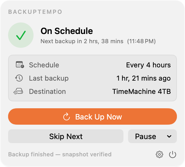 BackupTempo menu-bar popover showing a backup on schedule