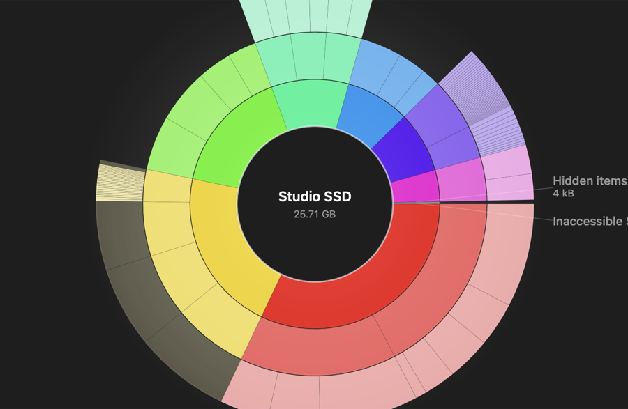 DiskMapper sunburst view showing a disk's folders as colorful concentric rings