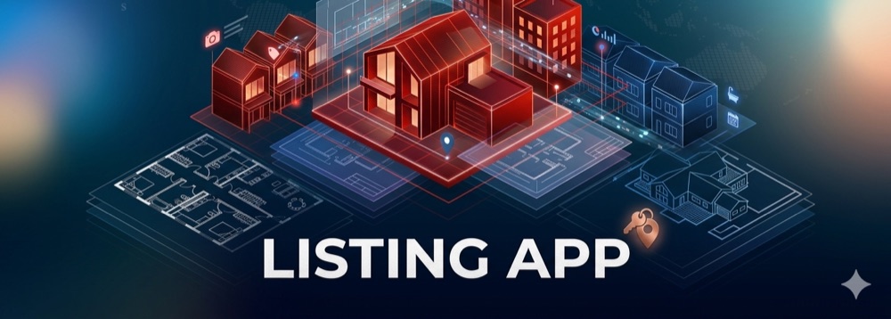 ListingApp brand art: red isometric houses over blueprint drawings